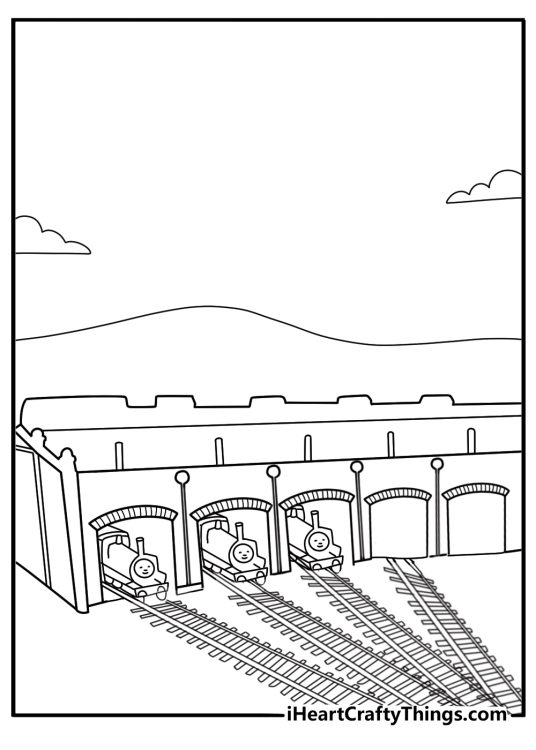 Tidmouth Sheds with engines parked in the roundhouse at night coloring page pdf