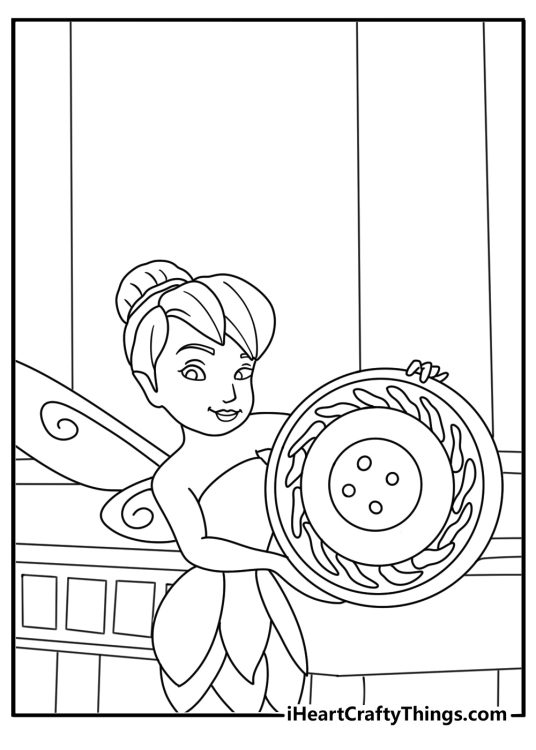 Tinker Bell carries a lost button back to her workshop in this free printable