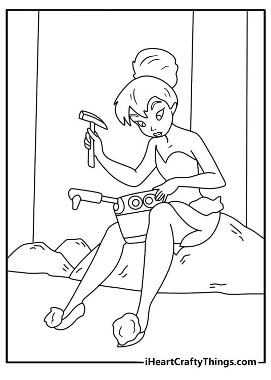 Tinker Bell coloring page showing her repairing a tiny copper kettle