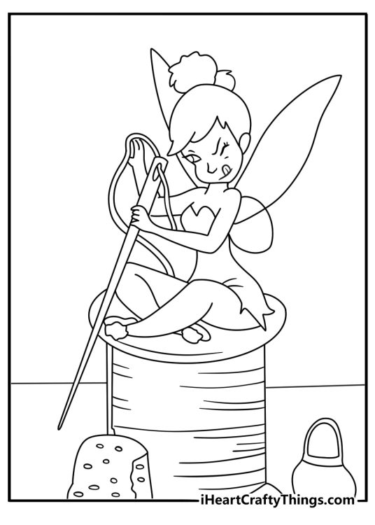 Tinker Bell uses a needle and thread to mend a small pouch