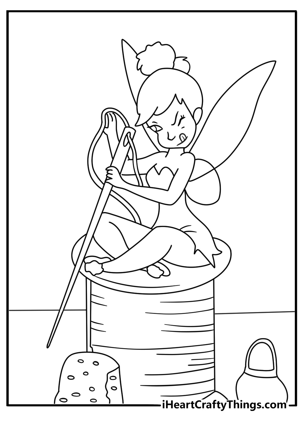 Tinker Bell uses a needle and thread to mend a small pouch