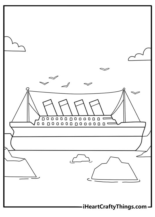Titanic bow cutting through calm water with seagulls easy coloring sheet