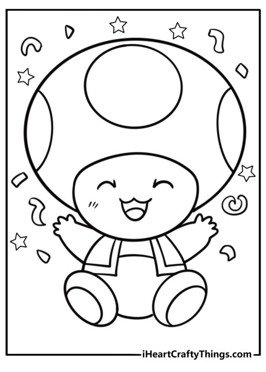 Toad celebrating a victory with a big smile coloring page