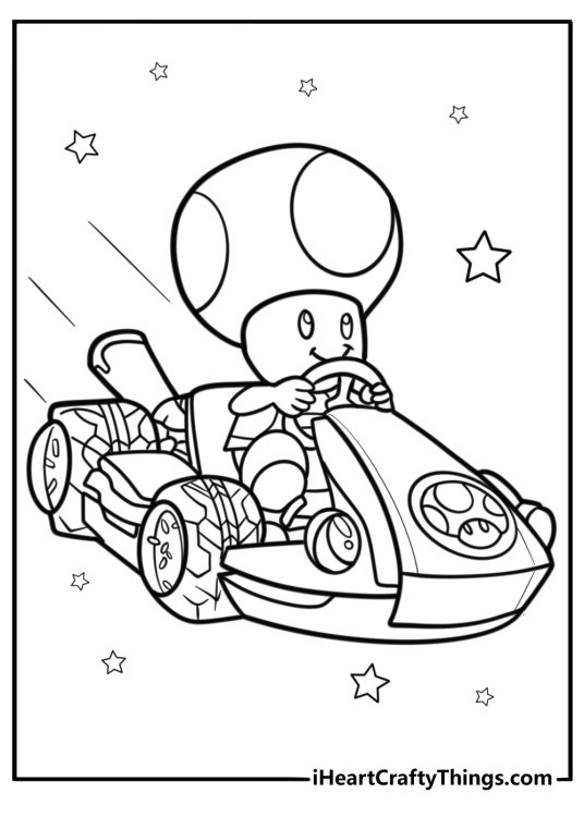 Toad driving a kart in Mario Kart coloring page