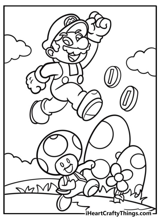 Toad coloring page for kids helping Mario on an adventure
