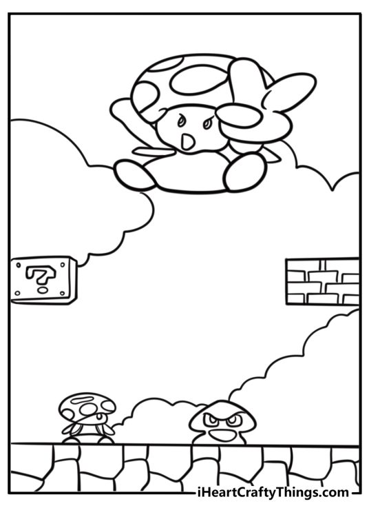 Toad in a classic Super Mario game scene detailed coloring sheet