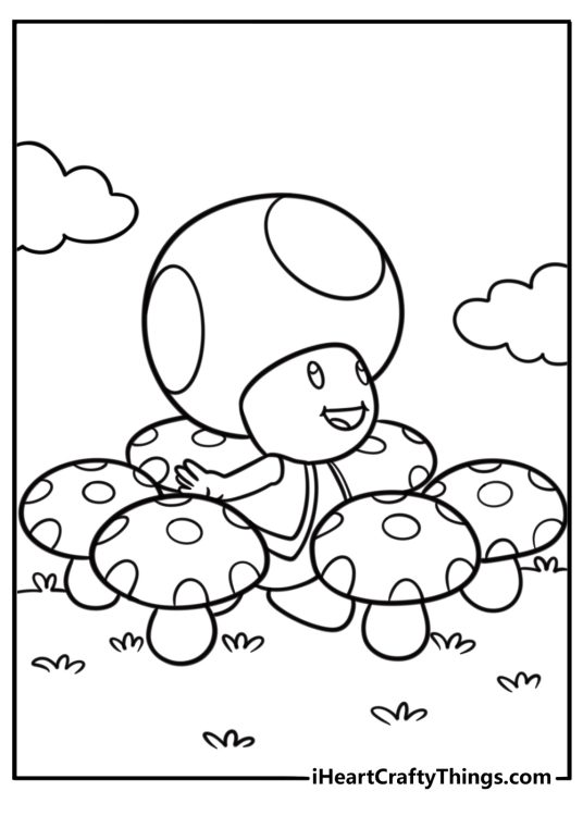 Toad playing inn the Mushroom Kingdom free coloring page pdf