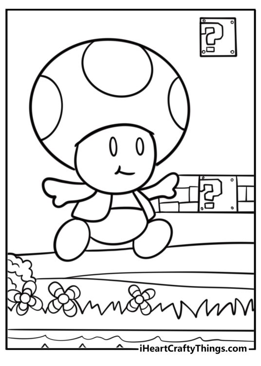 Coloring sheet of Toad running in a Super Mario adventure