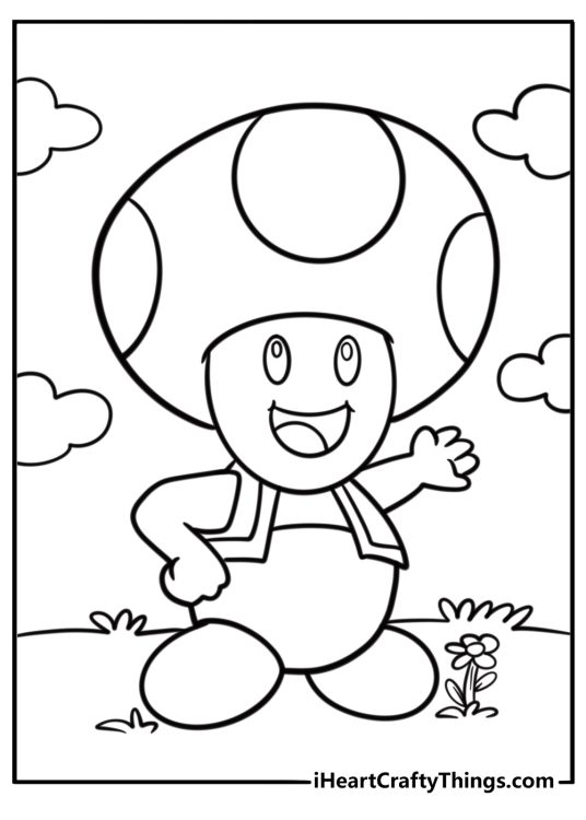 Printable Toad with a big mushroom hat free coloring page pdf