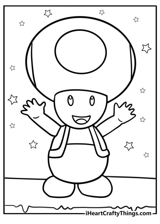 Toad coloring pages of toad with his arms raised cheering
