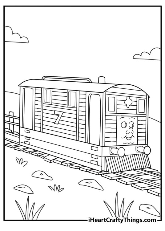 Toby clattering past the level crossing with bell detail simple coloring sheet