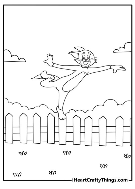Tom and Jerry coloring page for kids with Tom balancing on a fence