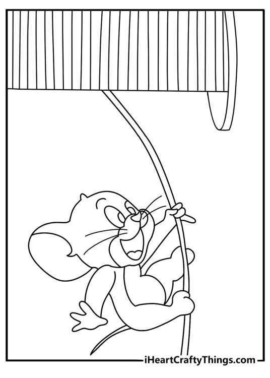 Tom and Jerry coloring page with Jerry swinging from a curtain cord