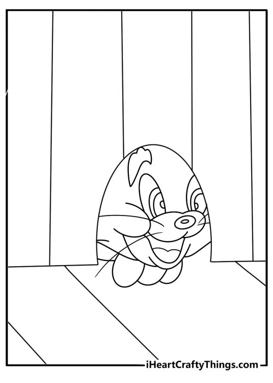 Tom and Jerry coloring page with Tom peeking through a mouse hole