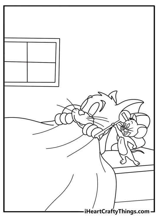 Tom and Jerry coloring pages scene with Jerry carrying a key past a sleeping cat bea