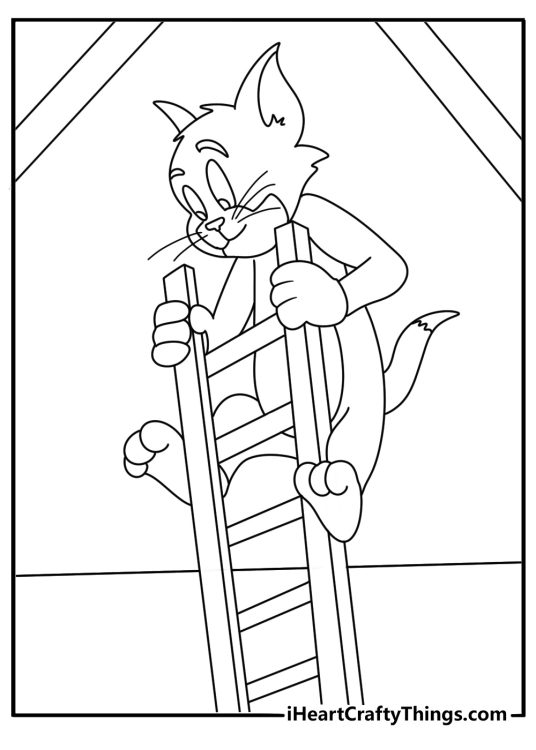 Tom and Jerry coloring sheet with Tom climbing a ladder toward a shelf