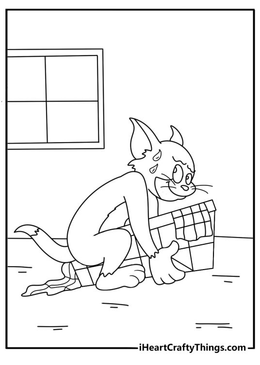 Tom and Jerry coloring sheet with Tom stuck inside a laundry basket