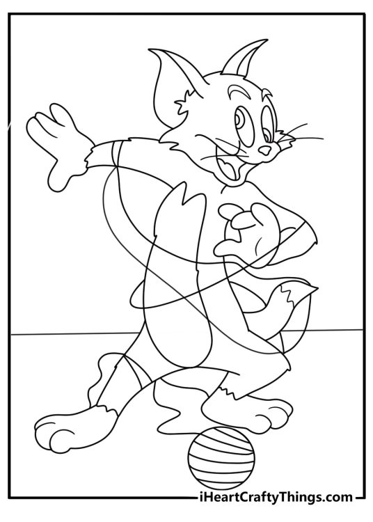 Tom and Jerry coloring sheet with Tom tangled in a ball of yarn