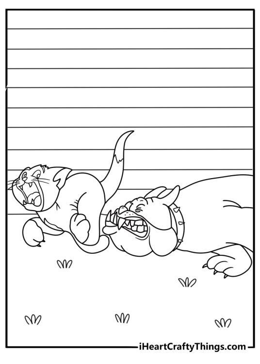 Tom and Jerry printable with Spike chasing Tom through the yard
