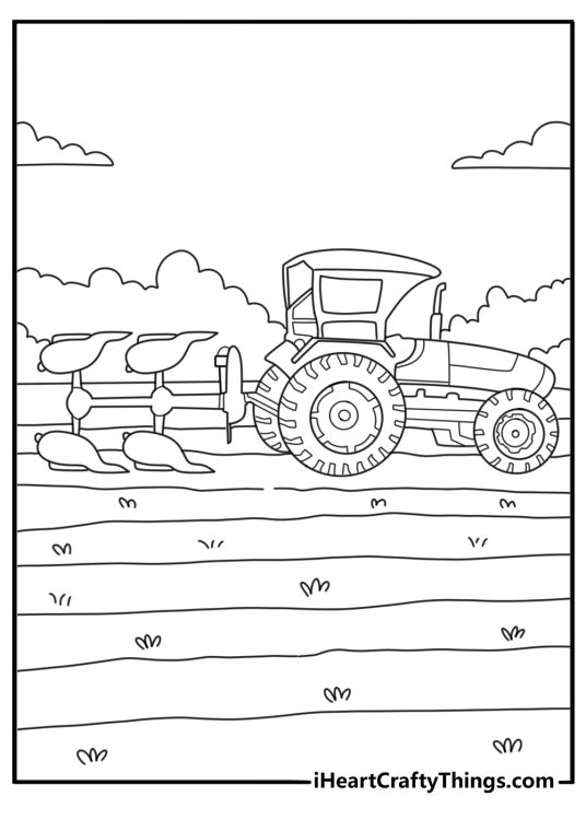 Tractor attaching a plow at hitch farmyard prep coloring page printable