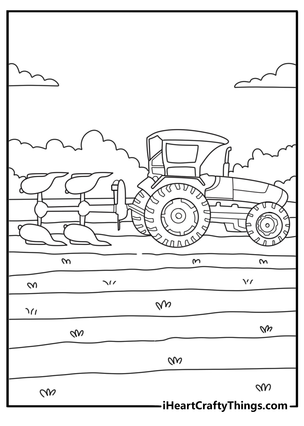 Tractor attaching a plow at hitch farmyard prep coloring page printable