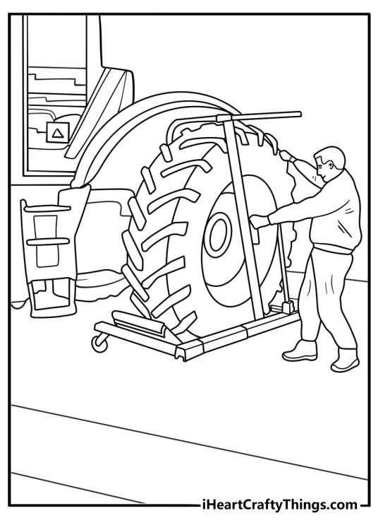 Tractor changing a tire with jack workshop scene coloring page pdf
