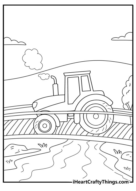 Tractor crossing wooden bridge over stream countryside coloring sheet pdf