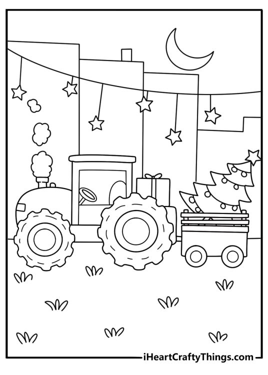 Tractor parade on country road with flags festive coloring sheet for kids