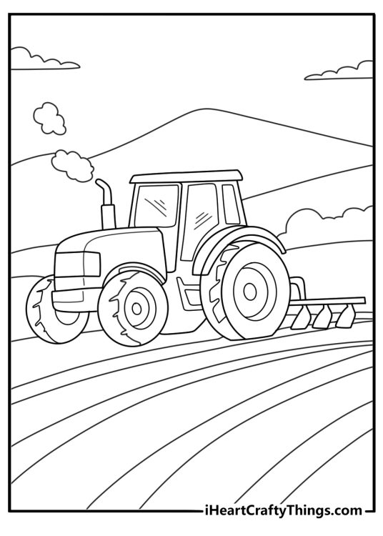 Tractor pulling seed drill over furrows farming printable pdf