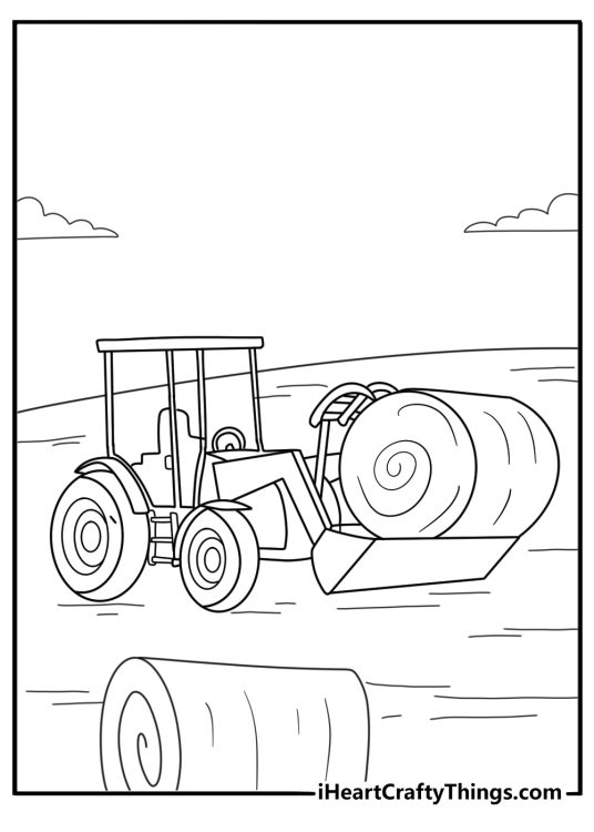 Tractor towing round baler making hay bales detailed coloring pdf