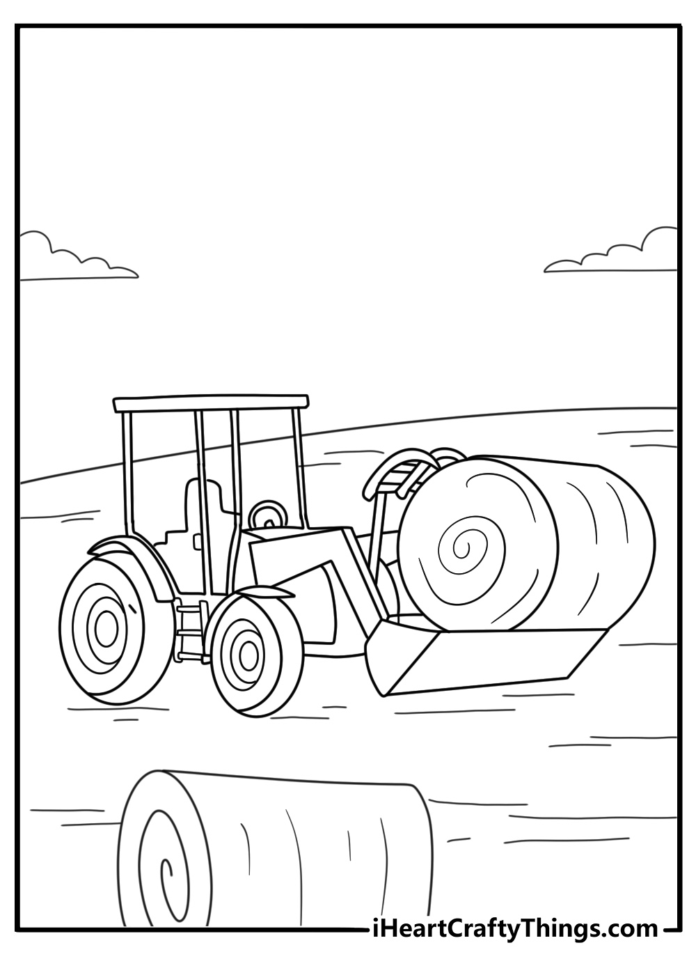 Tractor towing round baler making hay bales detailed coloring pdf
