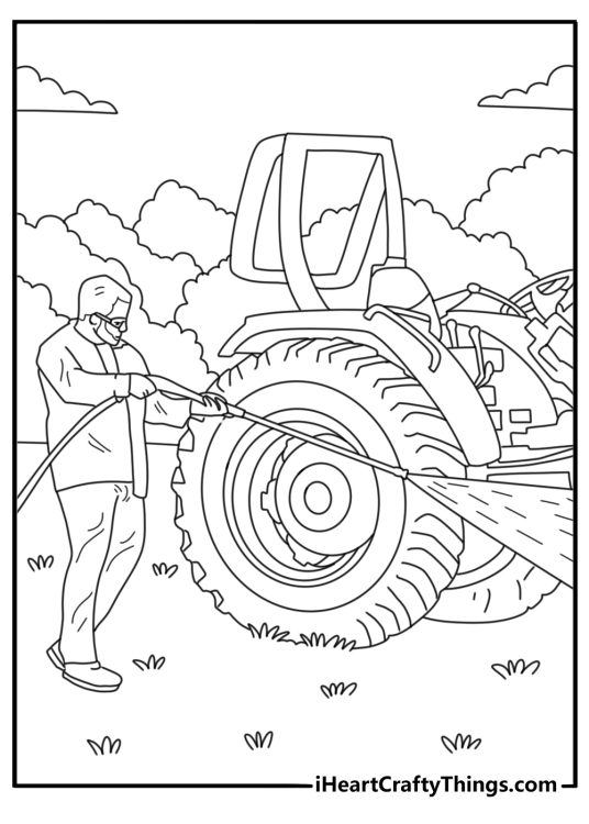 Tractor washing station with hose and water spray simple coloring sheet