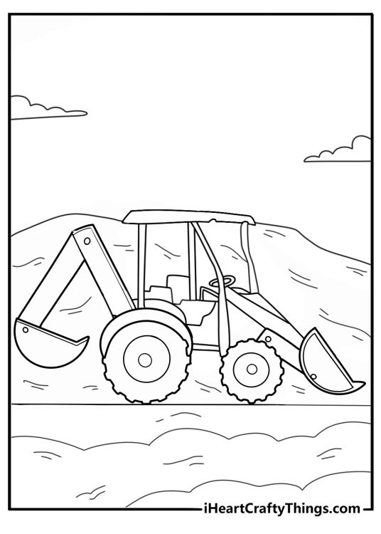 Tractor with backhoe digginga trench construction themed coloring sheet
