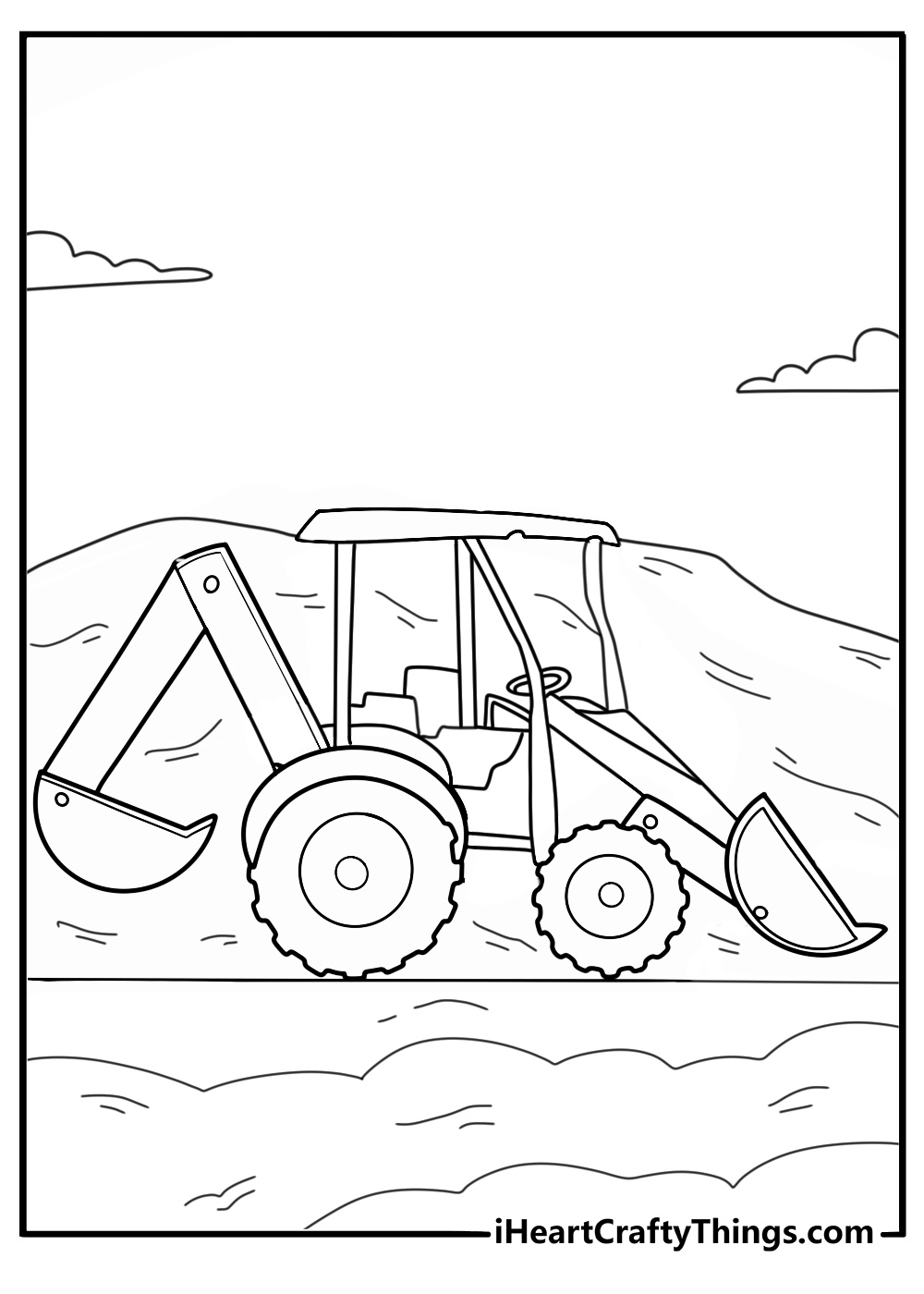 Tractor with backhoe digginga trench construction themed coloring sheet