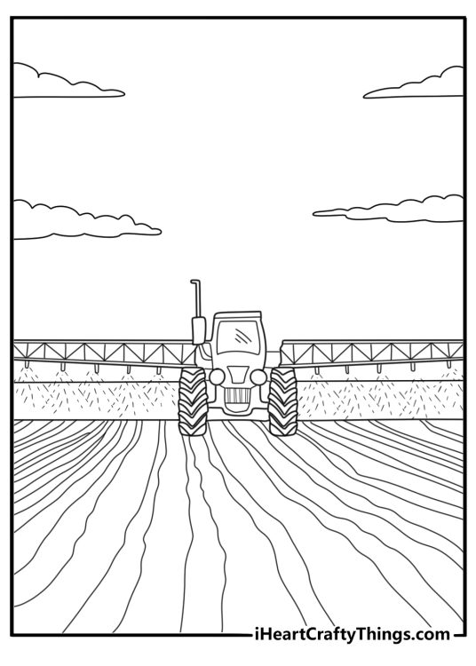 Tractor with boom sprayer spraying crops farm coloring printable