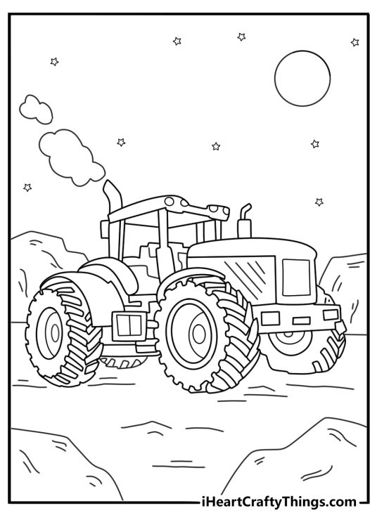 Tractor with cab lights working at night starry sky coloring page