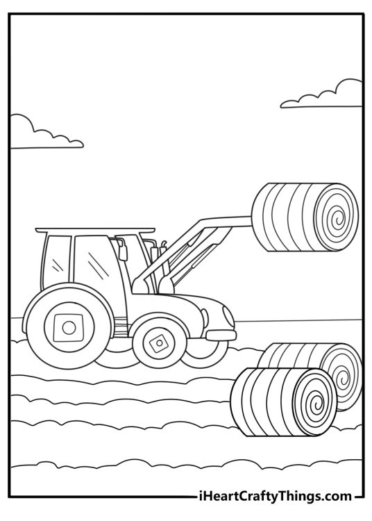 Tractor with front loader lifting hay bale easy coloring sheet for kids