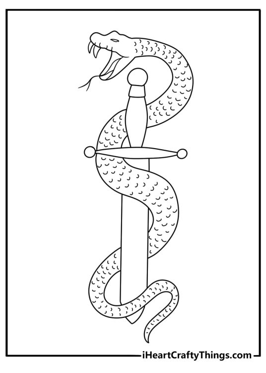 Traditional tattoo coloring page with a coiled snake around a dagger