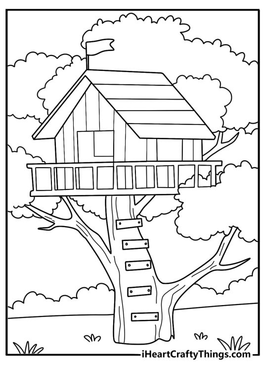 Treehouse hidden in dense leaves fun jungle coloring page pdf