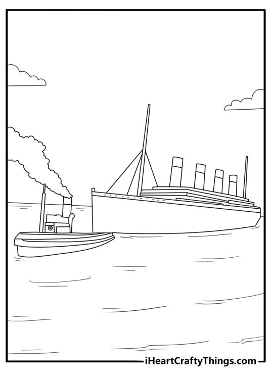 Tugboats guiding Titanic as it leaves harbor simple coloring page pdf