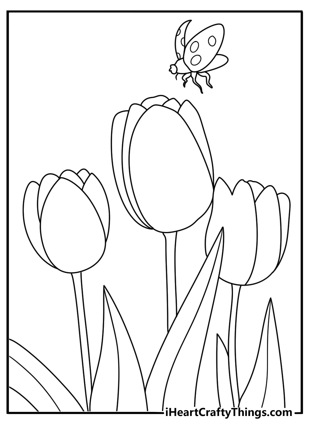 Tulip and ladybug close scene easy coloring page for kids
