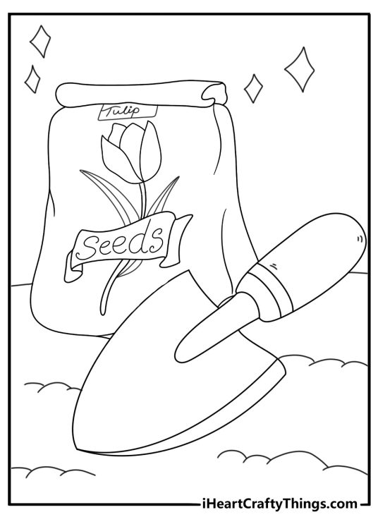Tulip coloring page with seed packet and garden gloves