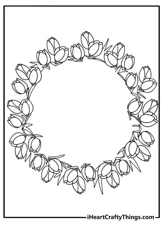 Tulip wreath frame with empty center for name coloring page