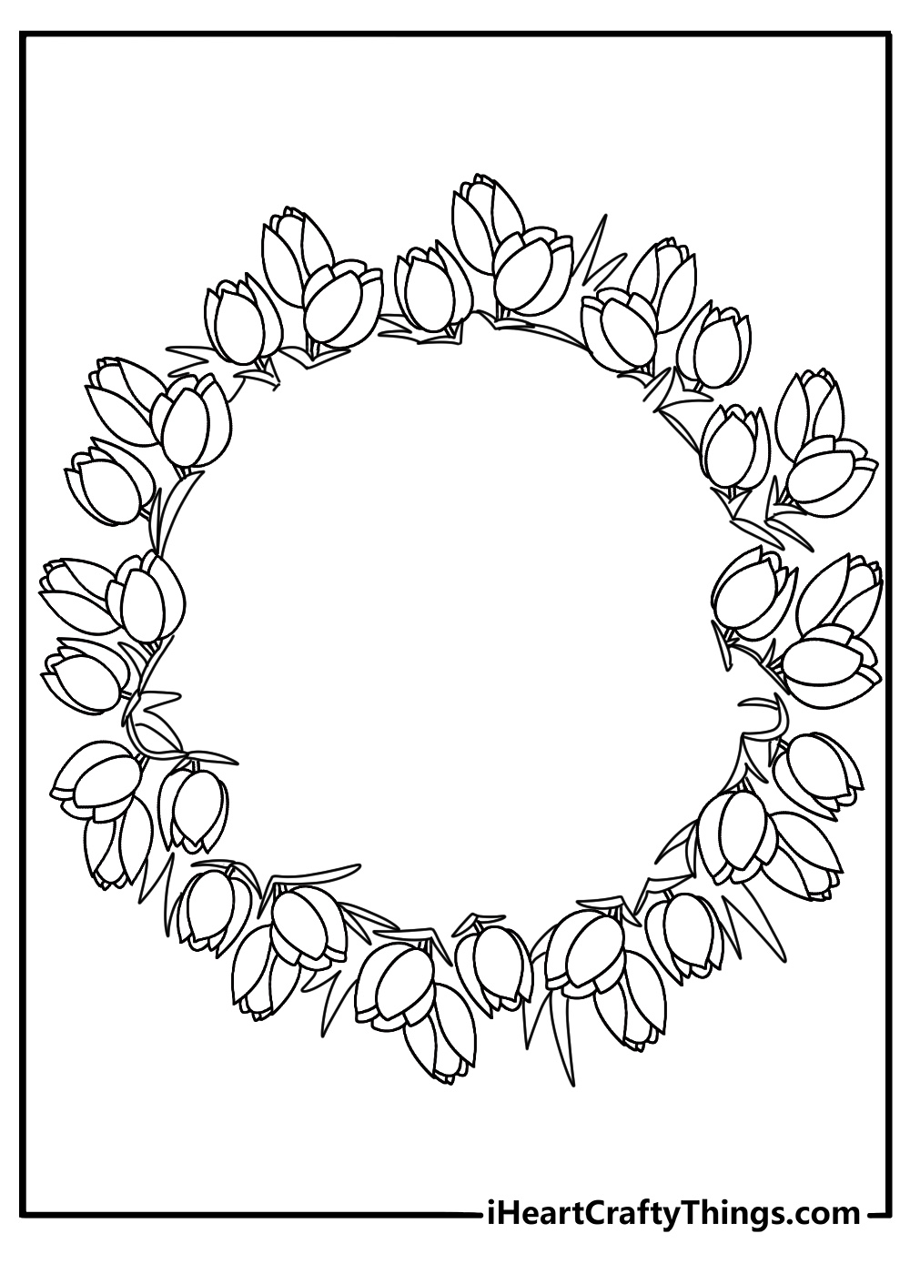 Tulip wreath frame with empty center for name coloring page