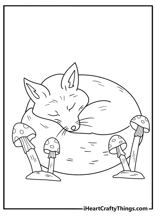 Unique tattoo coloring page with a fox curled around mushrooms