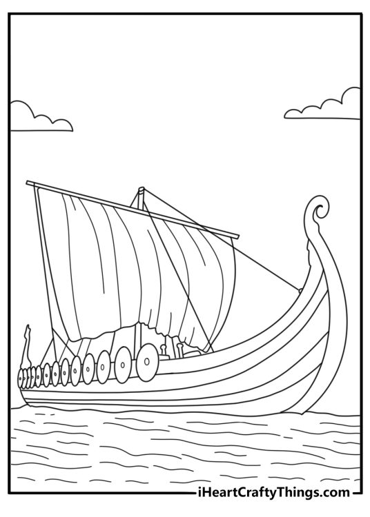 Viking coloring page with longship sailing on rough sea with striped sail