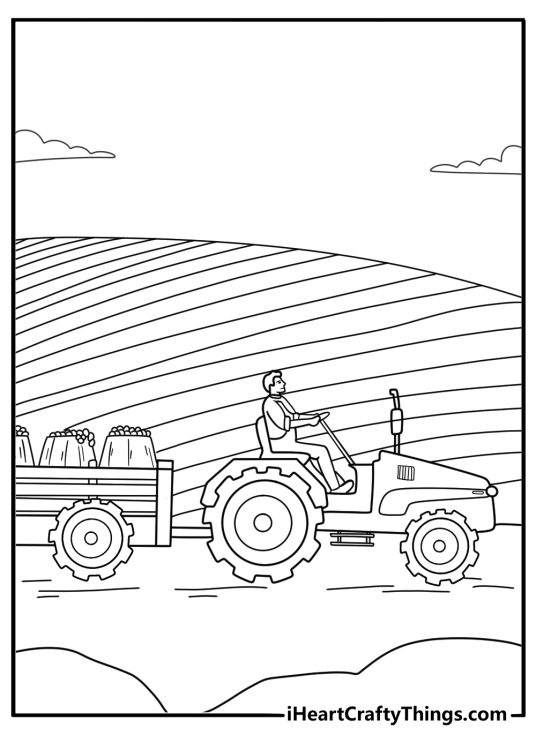 Vineyard tractor moving along grape rows harvest coloring sheet