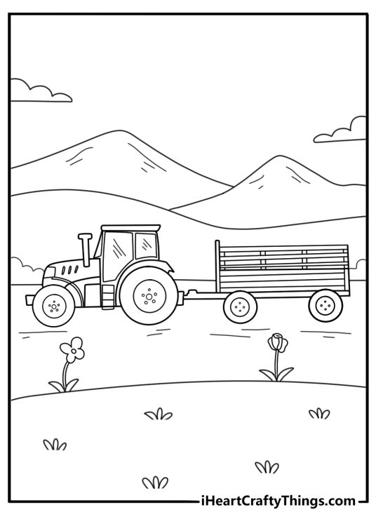 Vintage field tractor with metal seat rural scene coloring printable