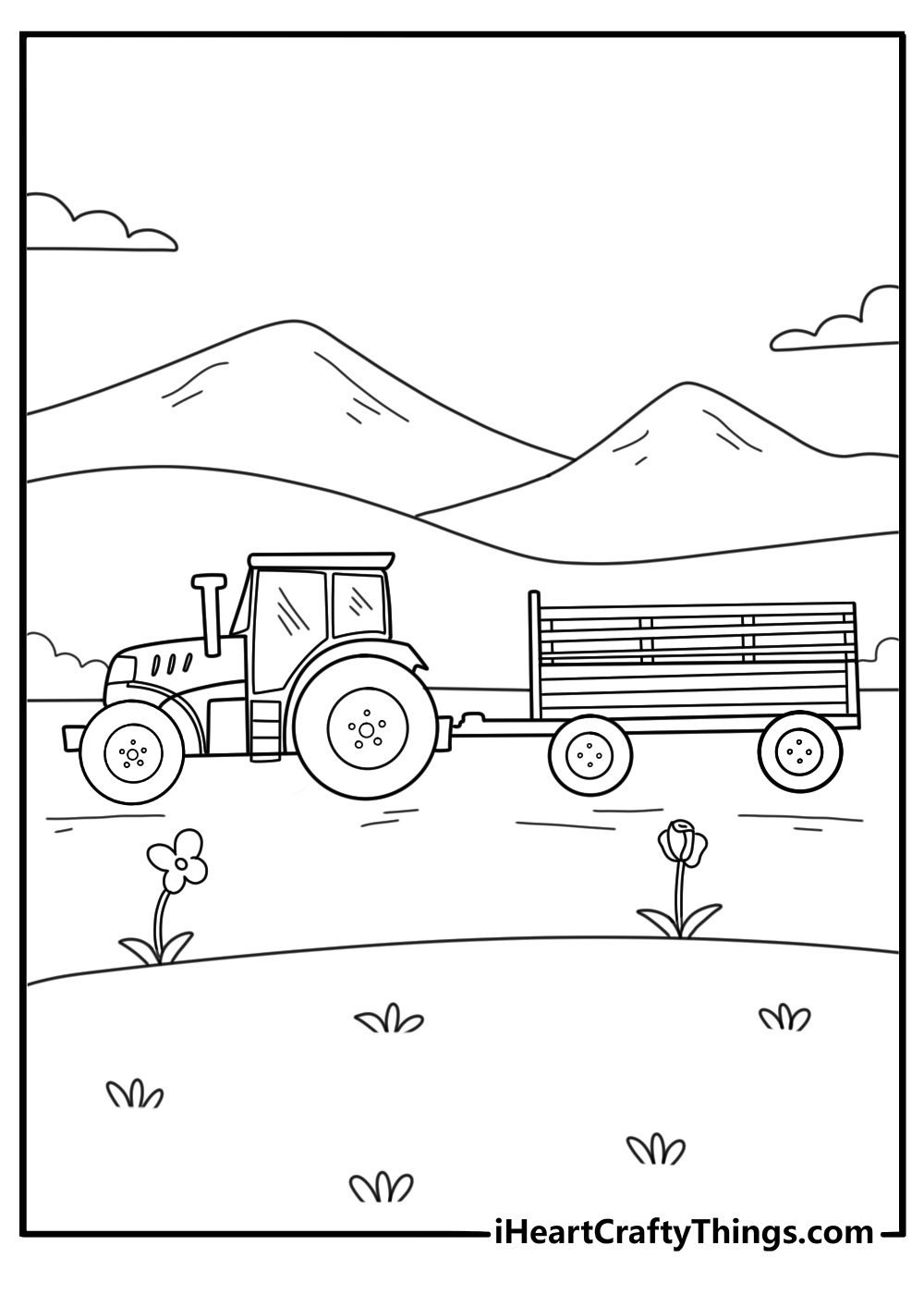 Vintage field tractor with metal seat rural scene coloring printable
