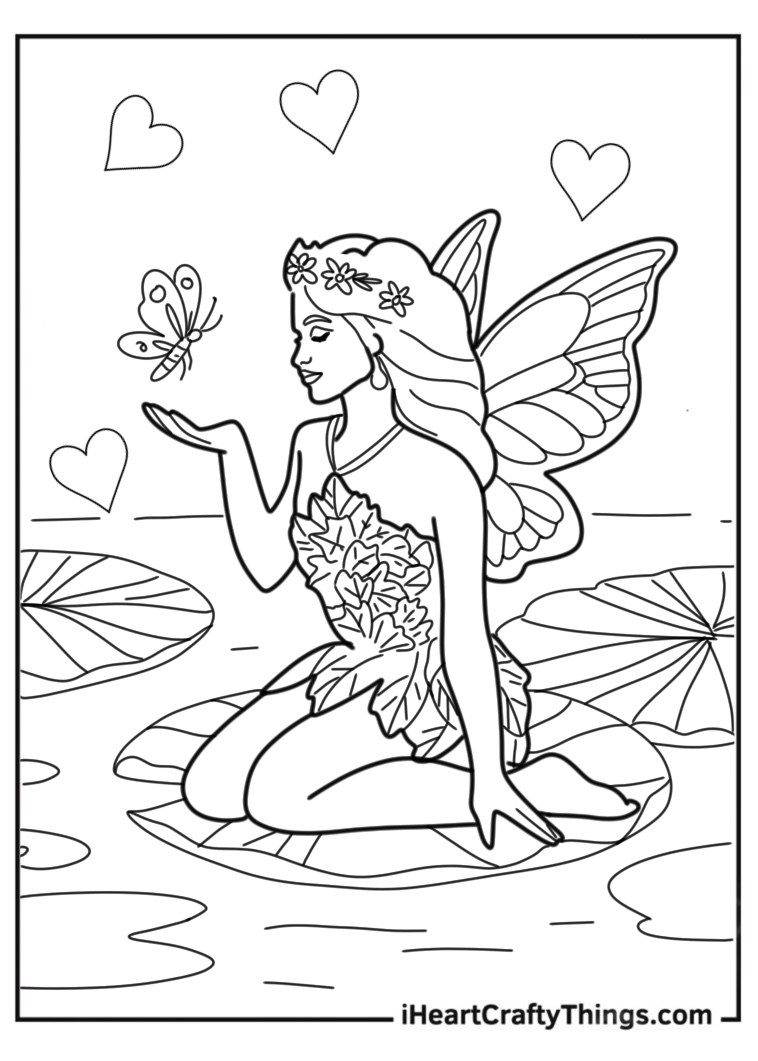 Black-and-white picture of a fairy sitting gracefully on a lily pad surrounded by water, hearts and butterfly